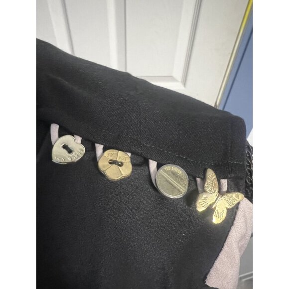 TED BAKER Black Sleeveless Asymmetrical Dress Women 4 Beige Trim Button Shoulder - Picture 12 of 13